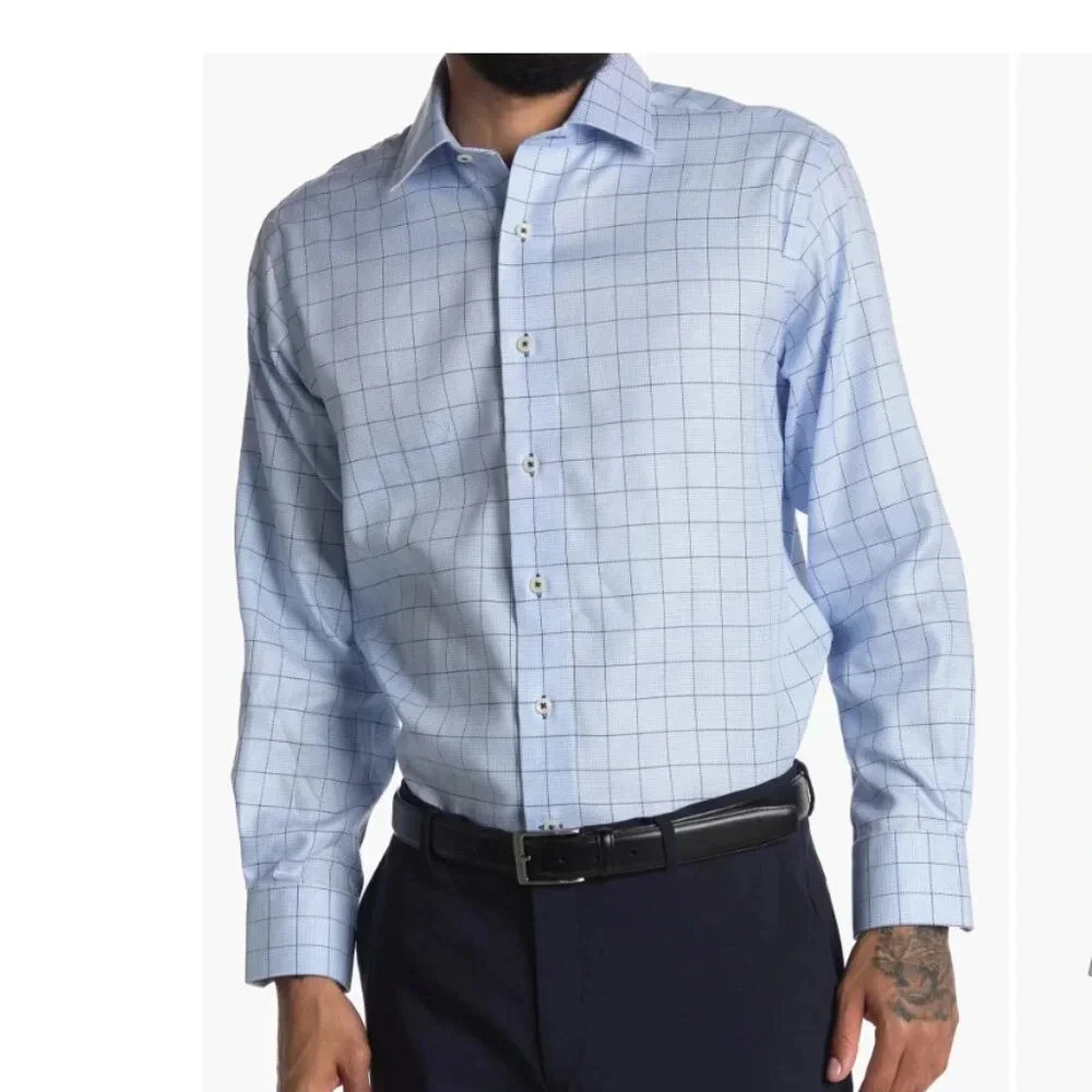 EUC Men's Lorenzo Uomo Blue Plaid Dress Shirt Sz Large